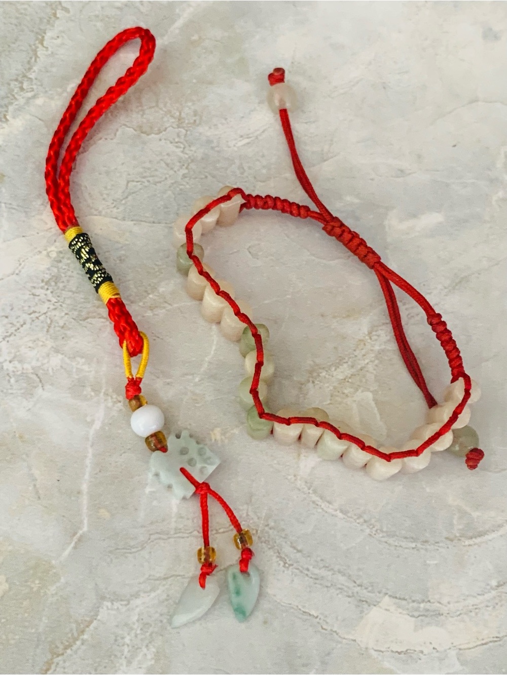 Yellow Brown and Green Jade Beaded Bracelet and Purse Charm